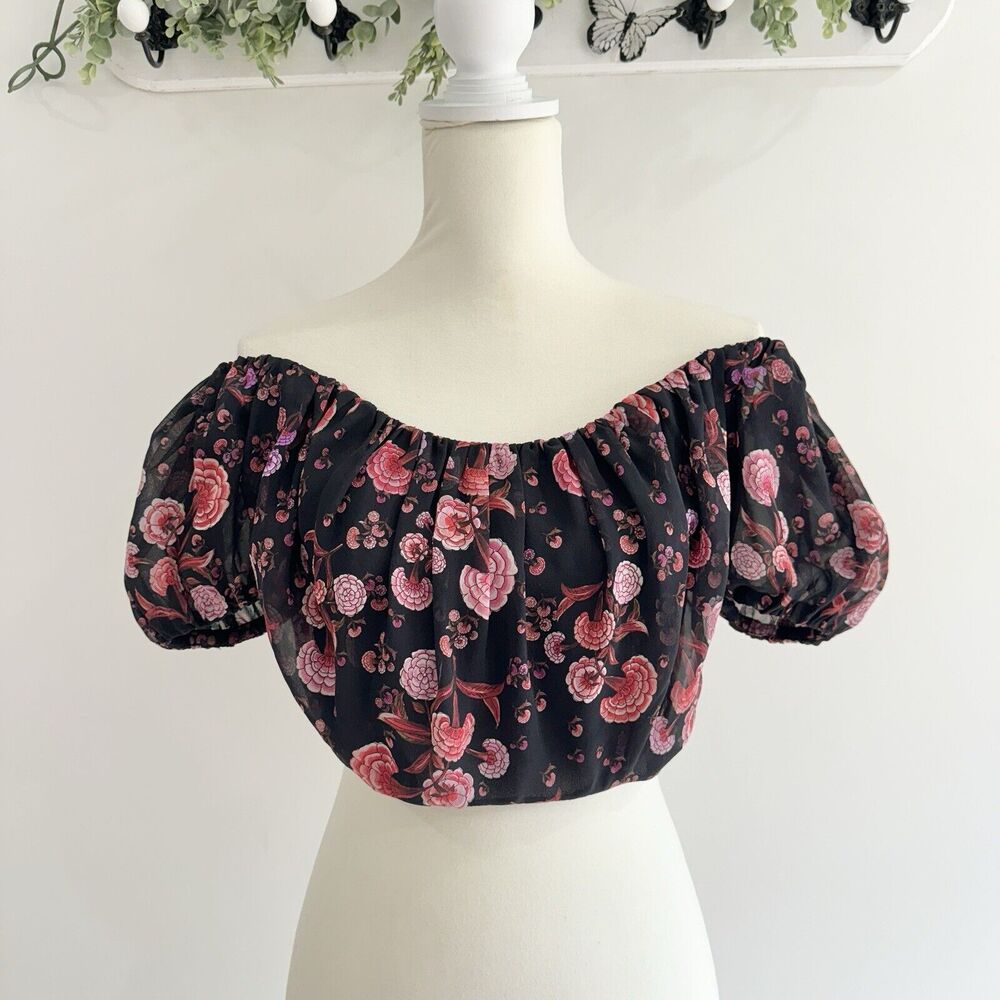 Designer giambattista valli Floral Smocked Off The Shoulder Crop Top Puff Sleeve